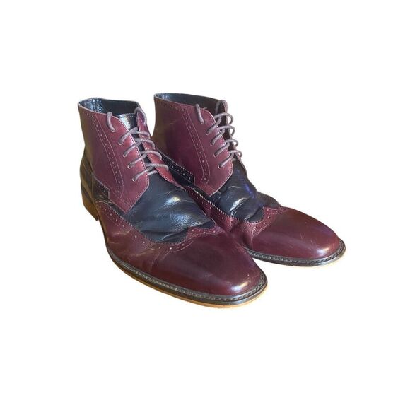 Asher Green AG2023 Black Maroon Leather Lace Up Wingtip Dress Boots Men’s Sz 8 - Picture 1 of 8